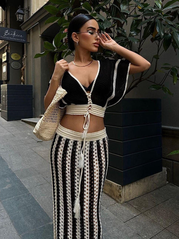 Deep V-Neck Hollow Knit Striped Floor Length Dress
