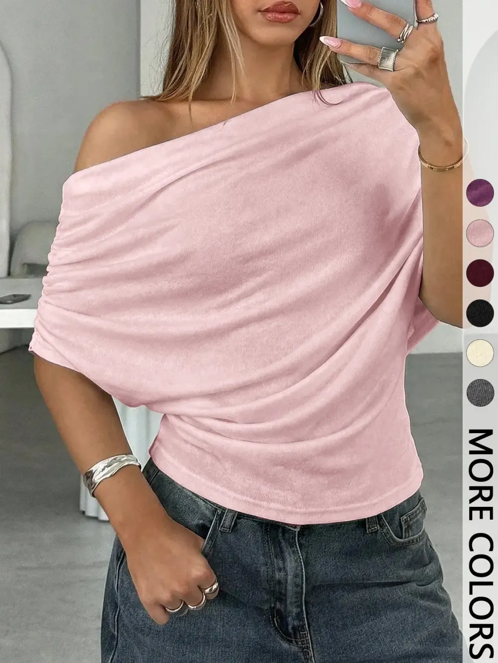 Women's Summer/Autumn Solid-Color Asymmetrical Off-Shoulder Batwing-Sleeve Knit T-Shirt