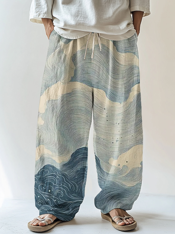 Men's Blue Waves Wabi Sabi Zen Spirit Art Print Casual Pants