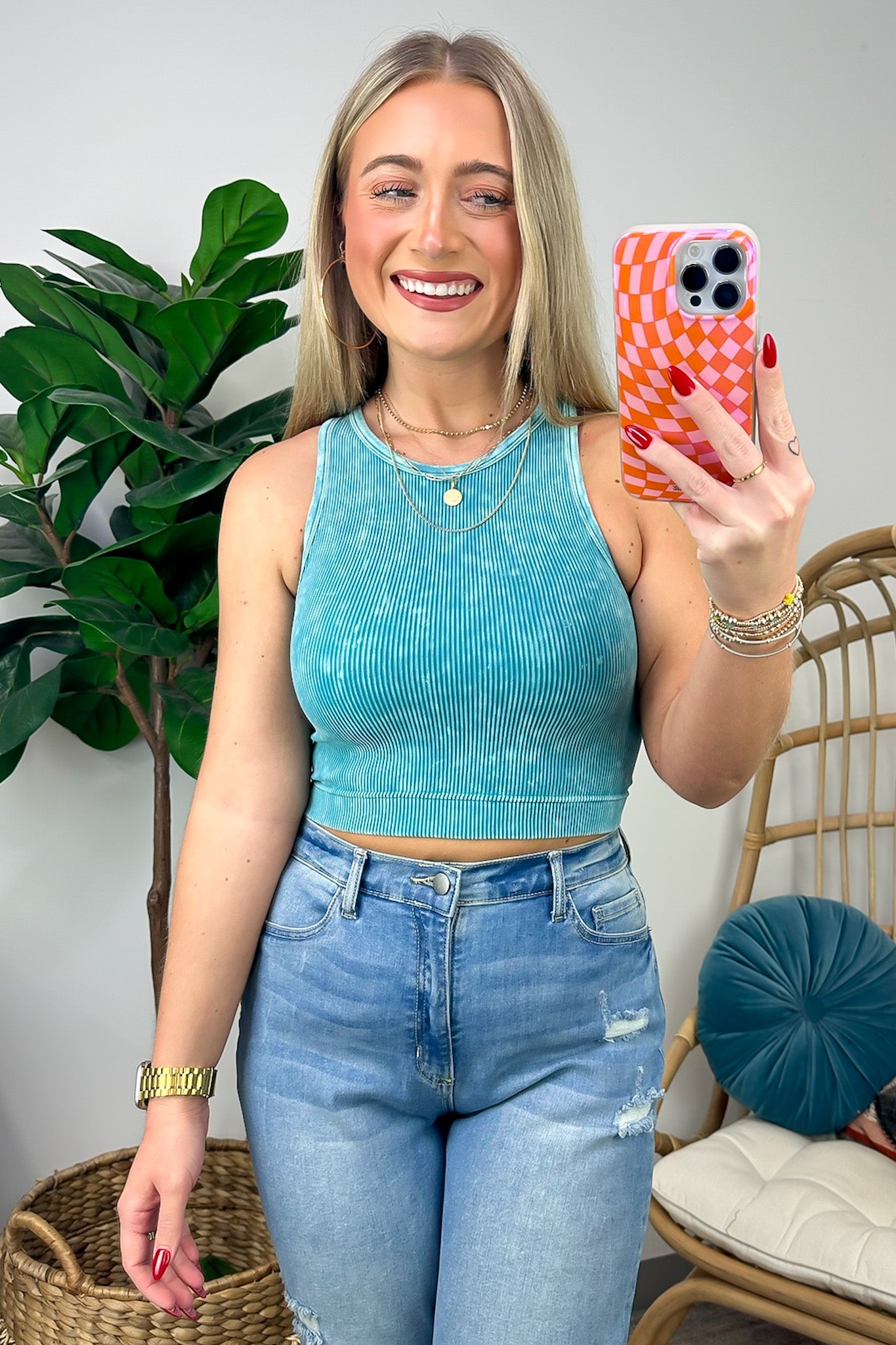 Washed Ribbed High Neck Cropped Tank Top
