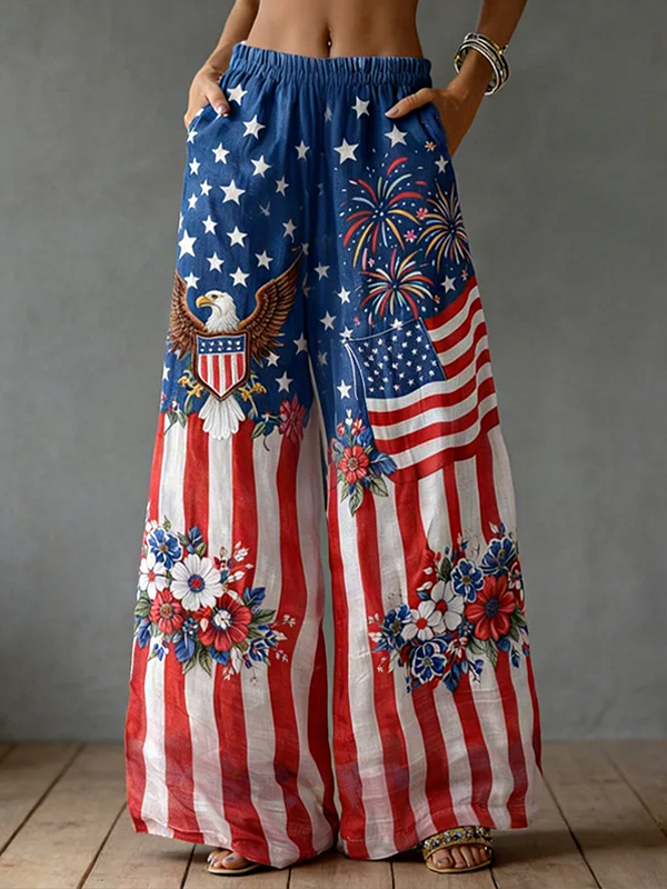 Women's American Flag And Flowers Print Casual Pants