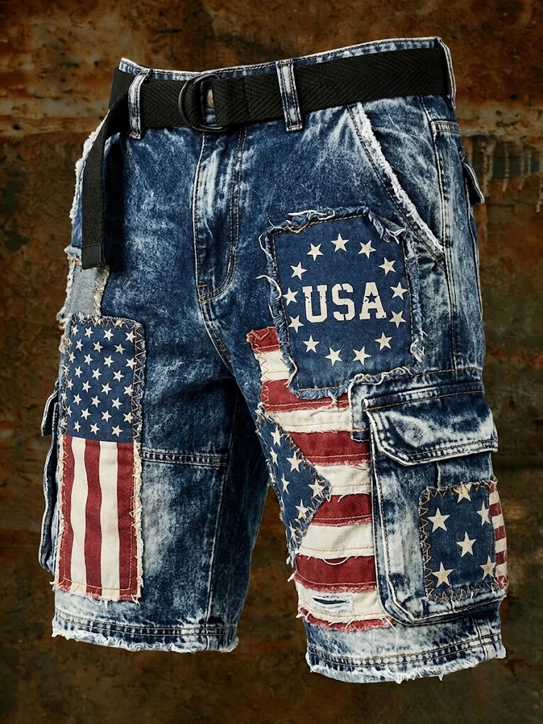 Men's Retro American Flag Independence Day USA Art Print Casual Shorts