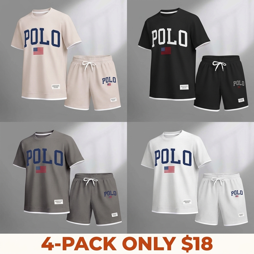 Men's Printed Polo Shirt and Drawstring Shorts Set