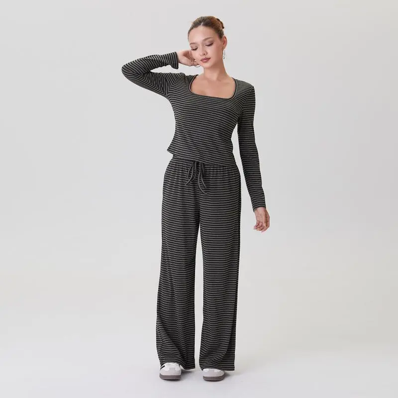 Women's Stripe Square Neck Long Sleeve Crop Top & Wide Leg Trousers Set