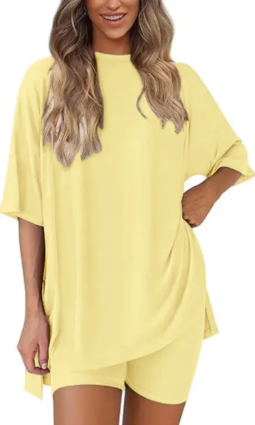 🔥Women's Two Piece Lounge Set 2026 Summer Casual Oversized Shirts Biker Shorts Matching Airport Travel Outfit