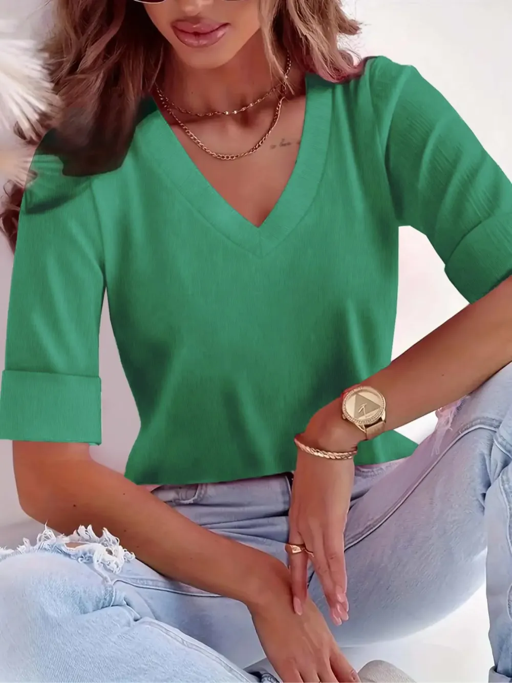 Plus Size Solid V Neck Roll Up Sleeve Tee, Casual T-shirt , Women's Plus Clothing for Daily Wear, Cute Tops, Quality and Durability