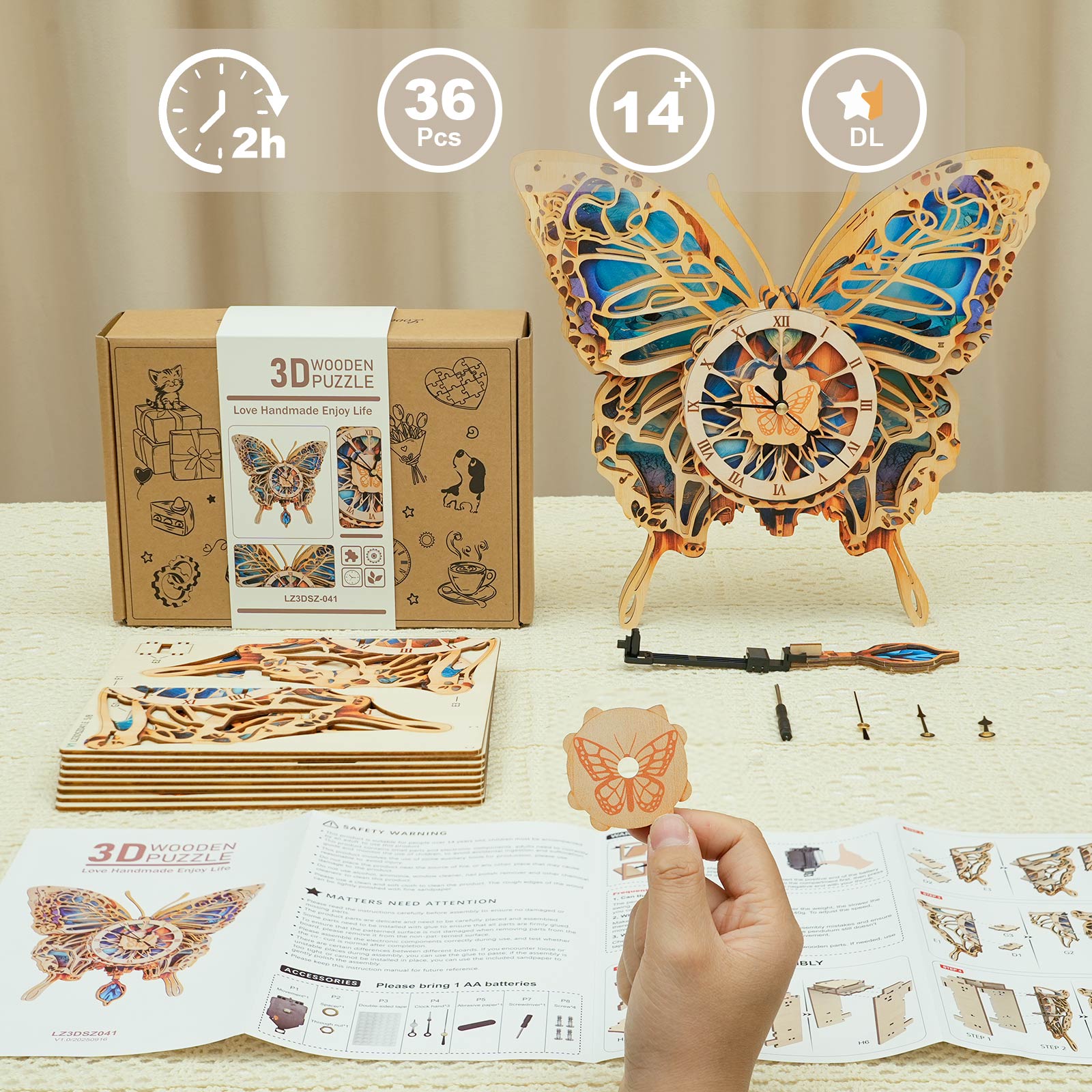 Butterfly DIY Wooden Clock, 3D Puzzle Craft Kit