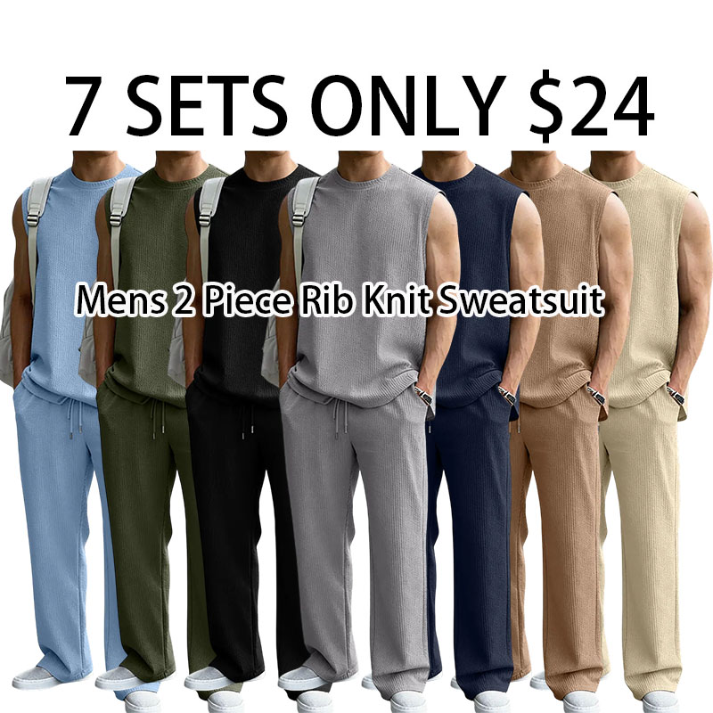 Mens 2 Piece Rib Knit Sweatsuit Summer Sleeveless Tank