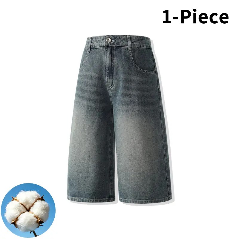 Men’s 3-Piece Vintage Washed Wide-Leg Denim Shorts Set