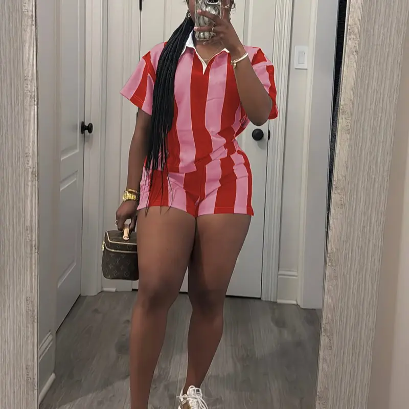 Women's 2026 Spring Two Piece Set Striped Short Sleeve Top & Drawstring Shorts Casual Outfit for Comfort