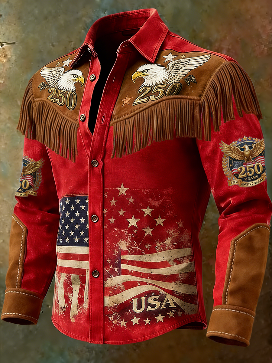 Men's Patriot 250th Anniversary Commemorative White Eagle Art Printed Tassel Western Shirt