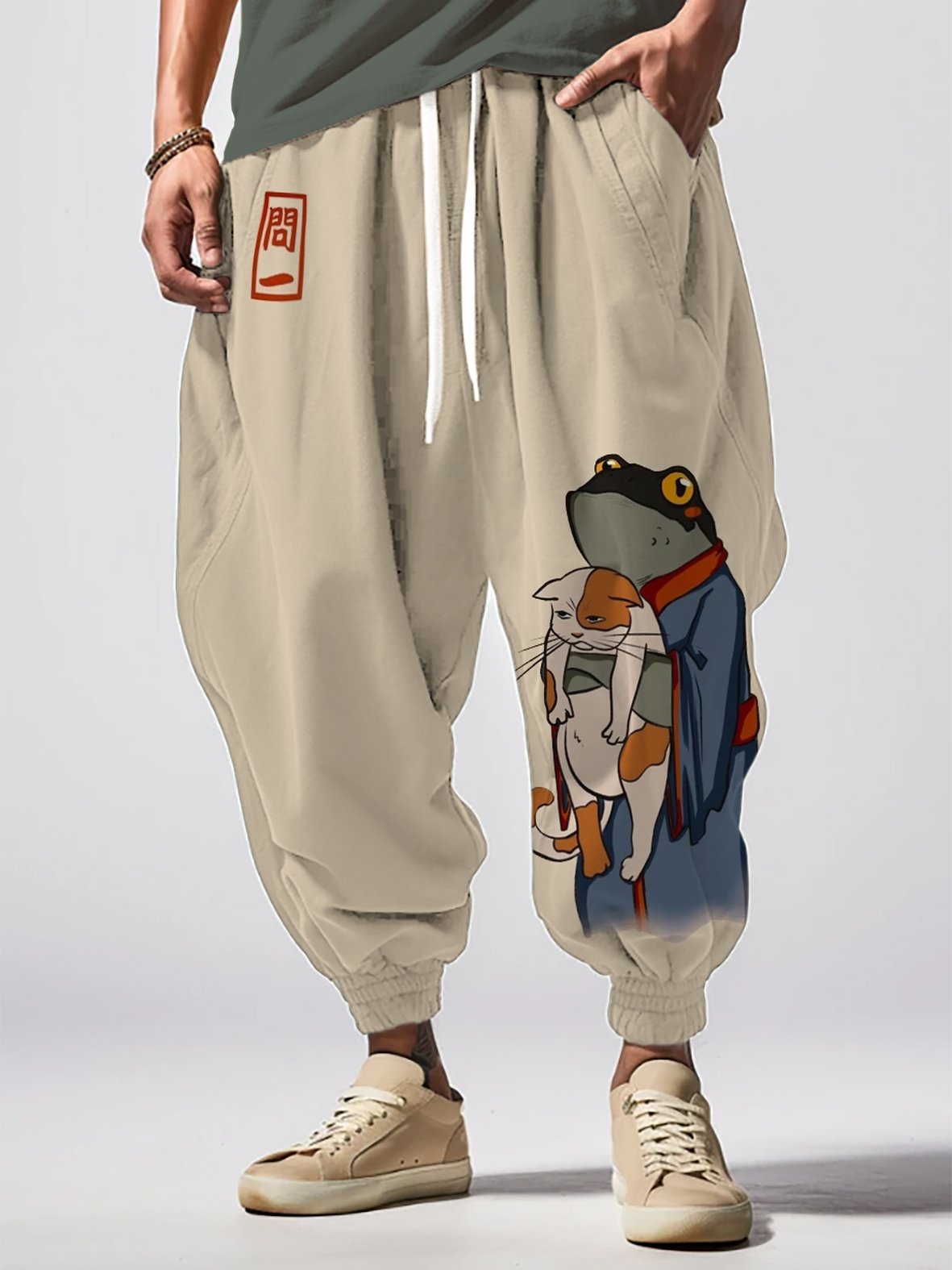 Men's Frog In Kimono And Unhappy Cat Japanese Art Print Loose Drawstring Waist Sweatpants