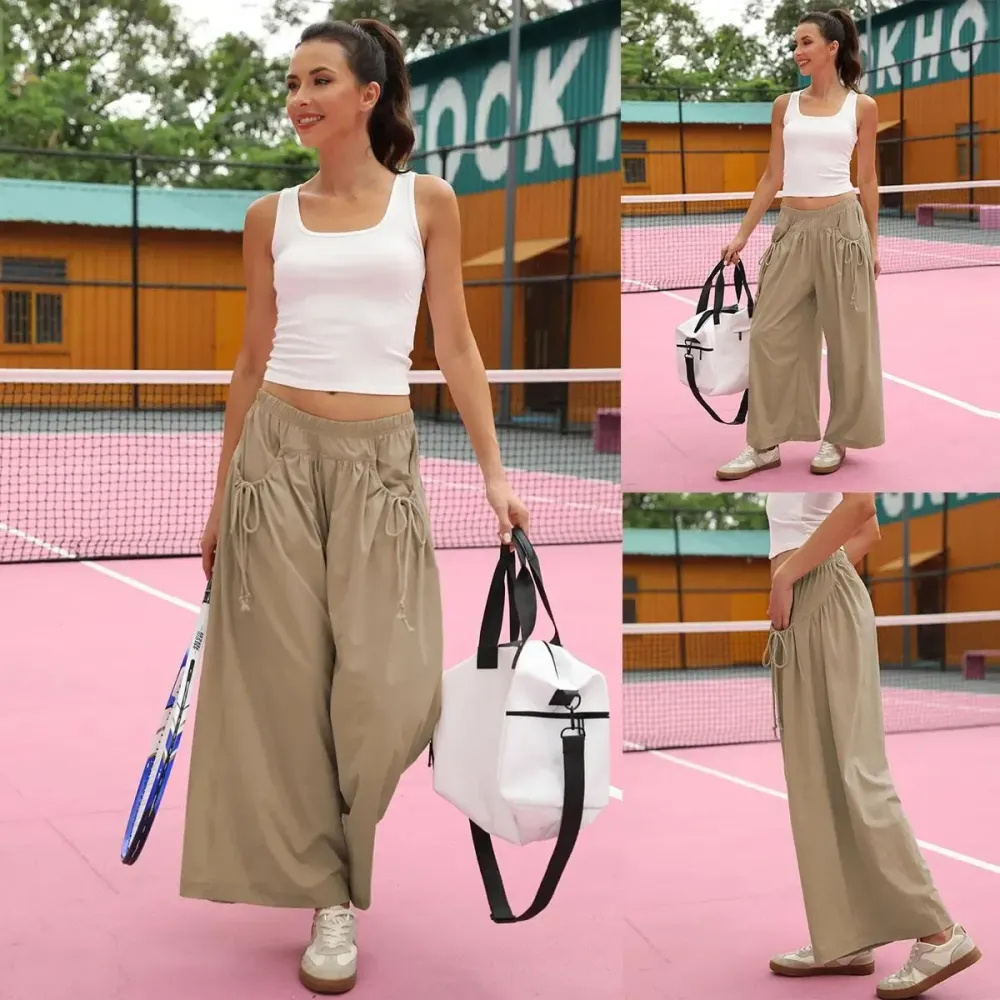 Women's Loose Wide Leg Track Pants Boho Sport Style Drawstring Pockets Elastic Waist Capri Hiking