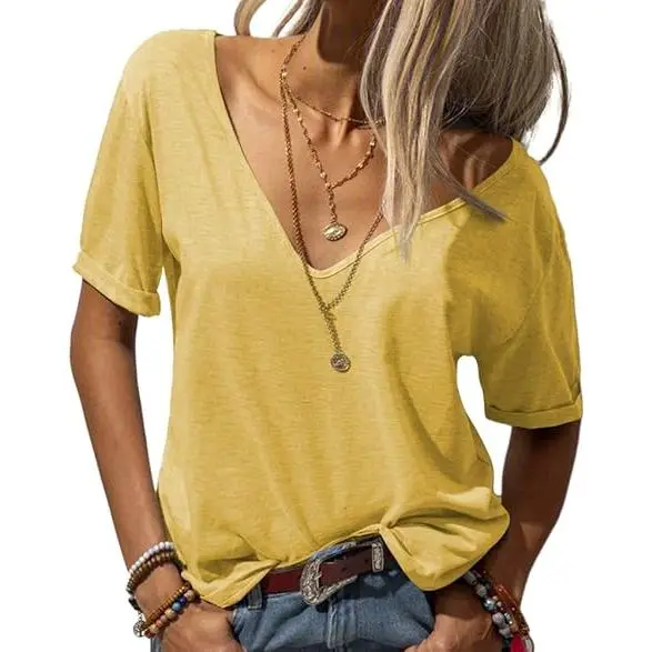 Women's Fashion Deep V-Neck Short Sleeve Tops Solid Casual Loose Basic T Shirt