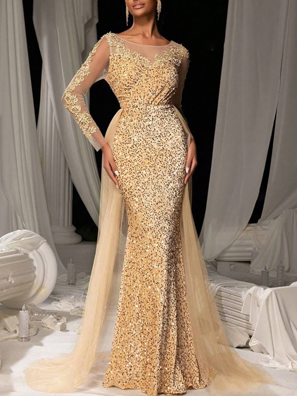 Sequinned Flower Lace Mesh Splicing Long Sleeves Mermaid Evening Maxi Dresses