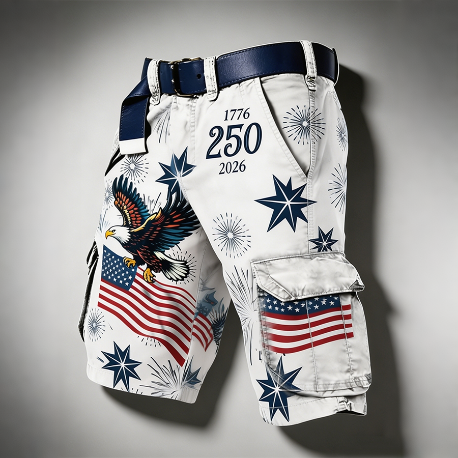 Men's 1776-2026 250 Bald Eagle Firework Print Cargo Shorts (Excluding Belt)