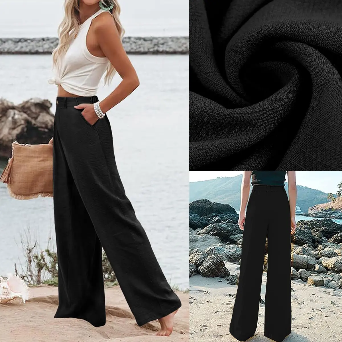 Tanming Women's Cotton Linen Bottoms - High-Waisted, Wide-Leg, Button-Up Pants, Minimalist Basic Breathable Fabric, Casual Loose Comfy Summer Beach Trousers
