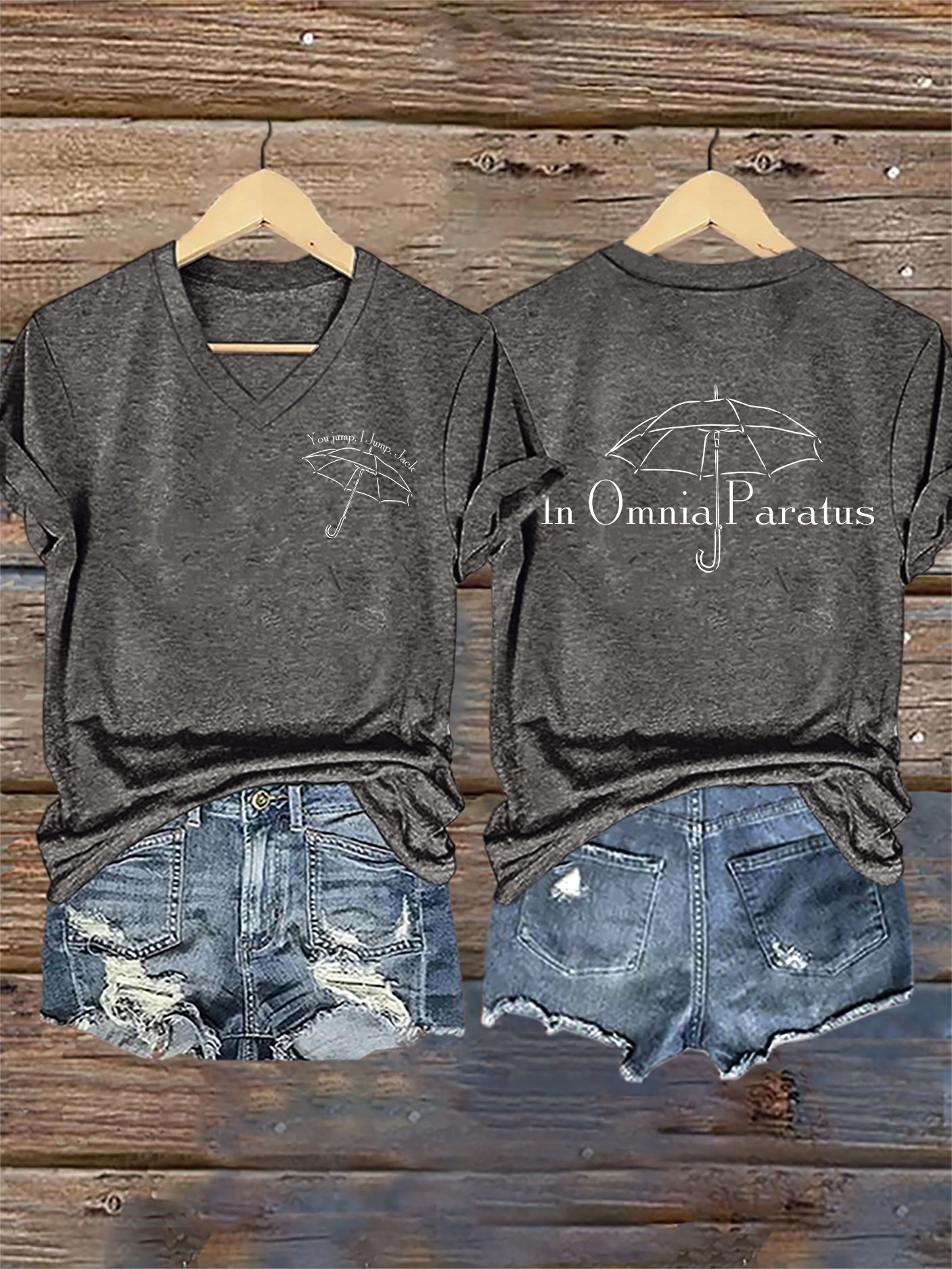 🔥HOT SALE🔥V-Neck Retro Fall You Jump, I Jump, Jack In Omnia Paratus Print T-Shirt