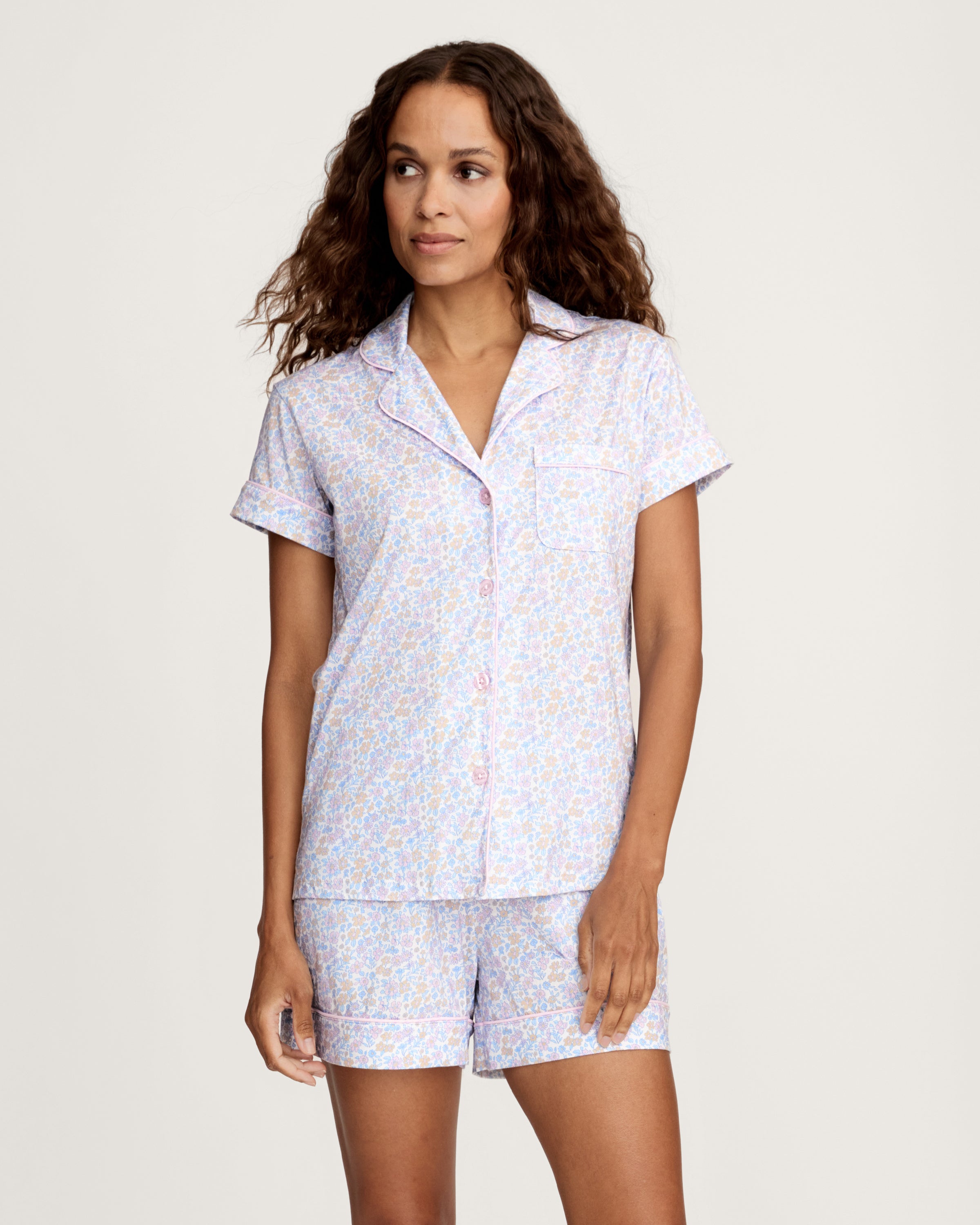Women's Lightweight Pima Short Sleeve Short Set in Fleur Blanche