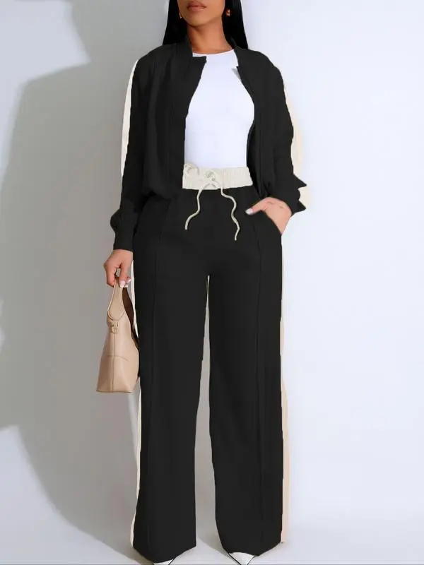 2-piece Set Women's Patchwork Top & Wide Leg Pants Set