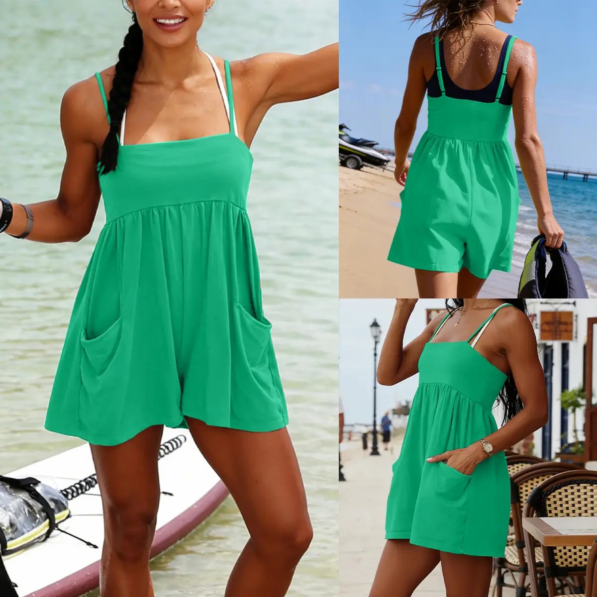 Women's Square Neck Backless Romper – Oversized Cotton Jumpsuit with Pockets & Adjustable Straps
