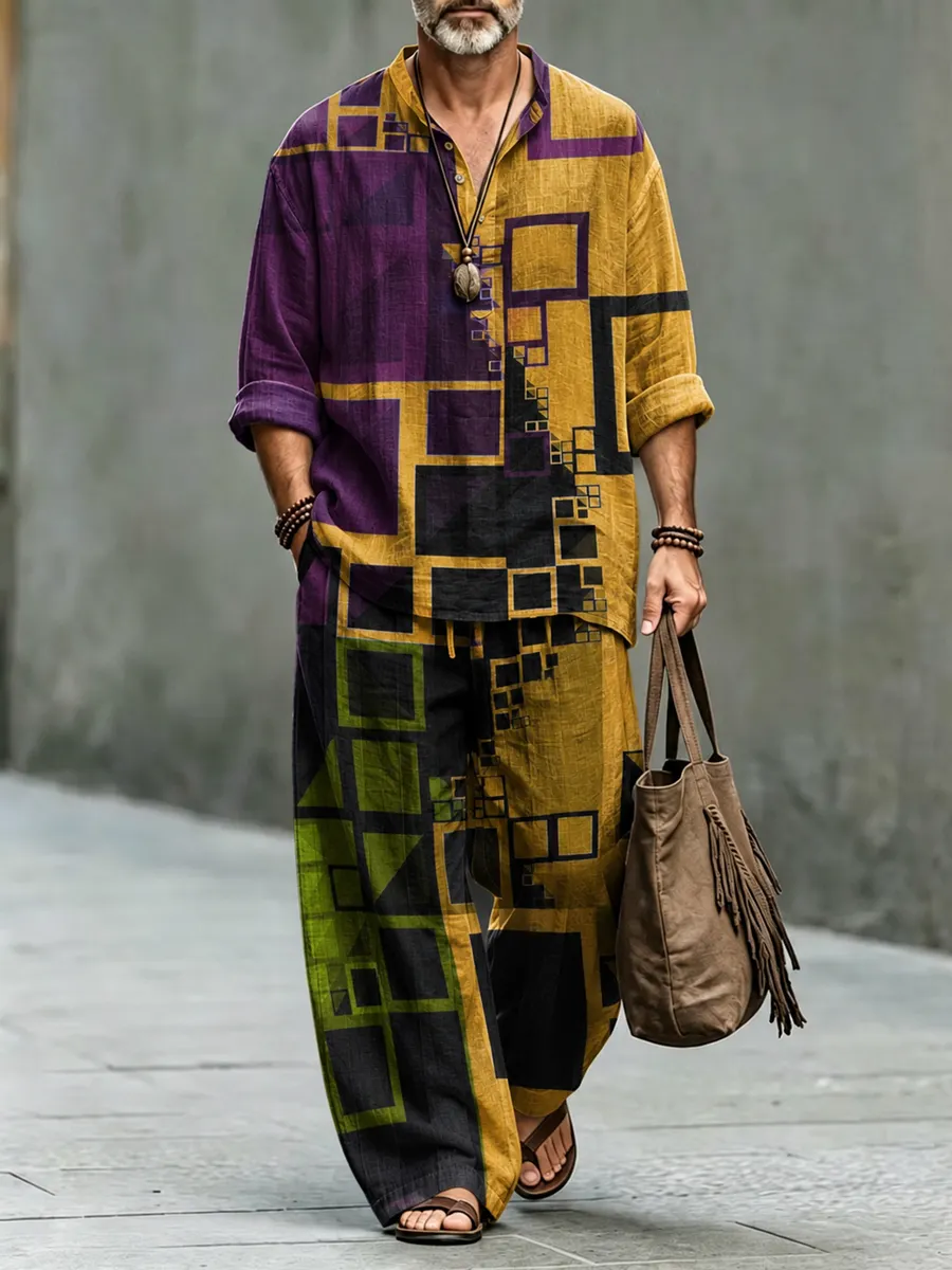 Men's Abstract Geometric Art Print Two-Piece Casual Set