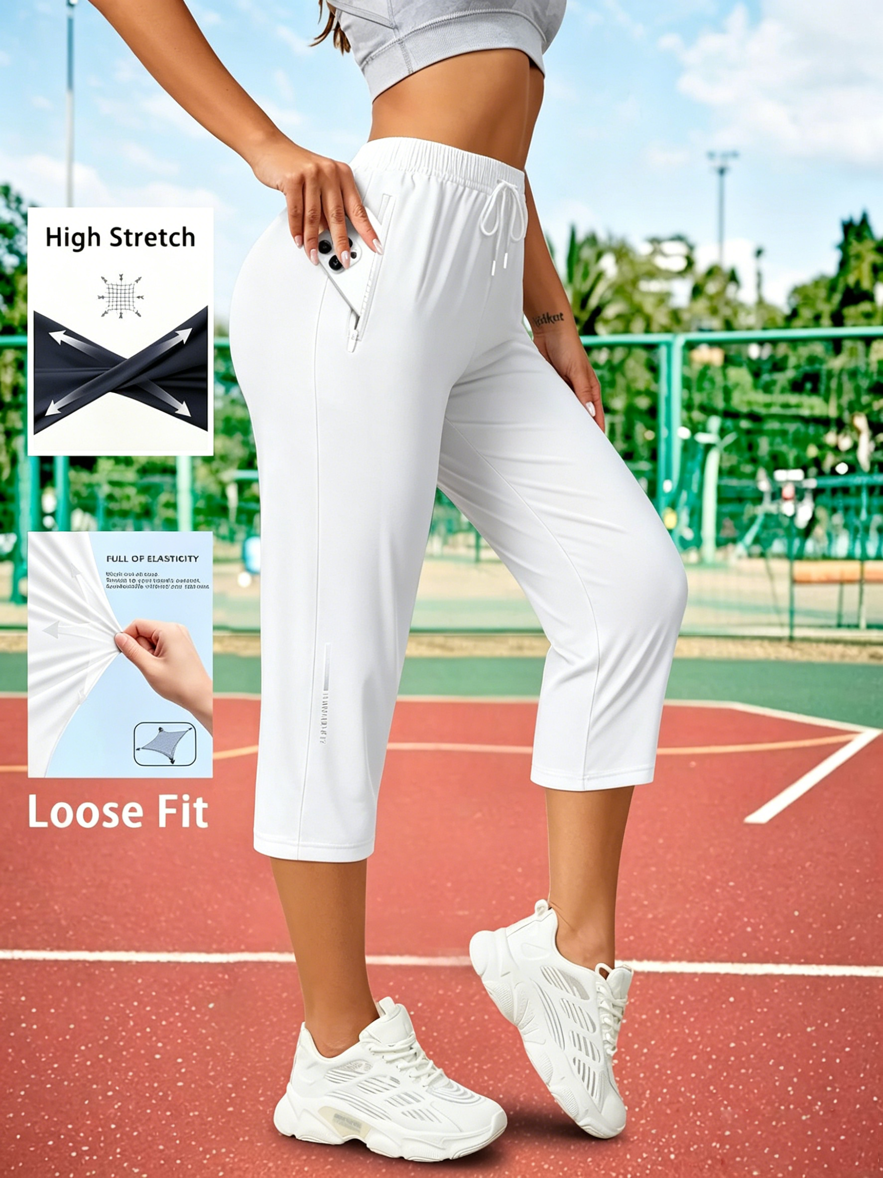 Women's Capris Pants - Loose Fit, Summer Drawstring Waist, Zippered Pockets