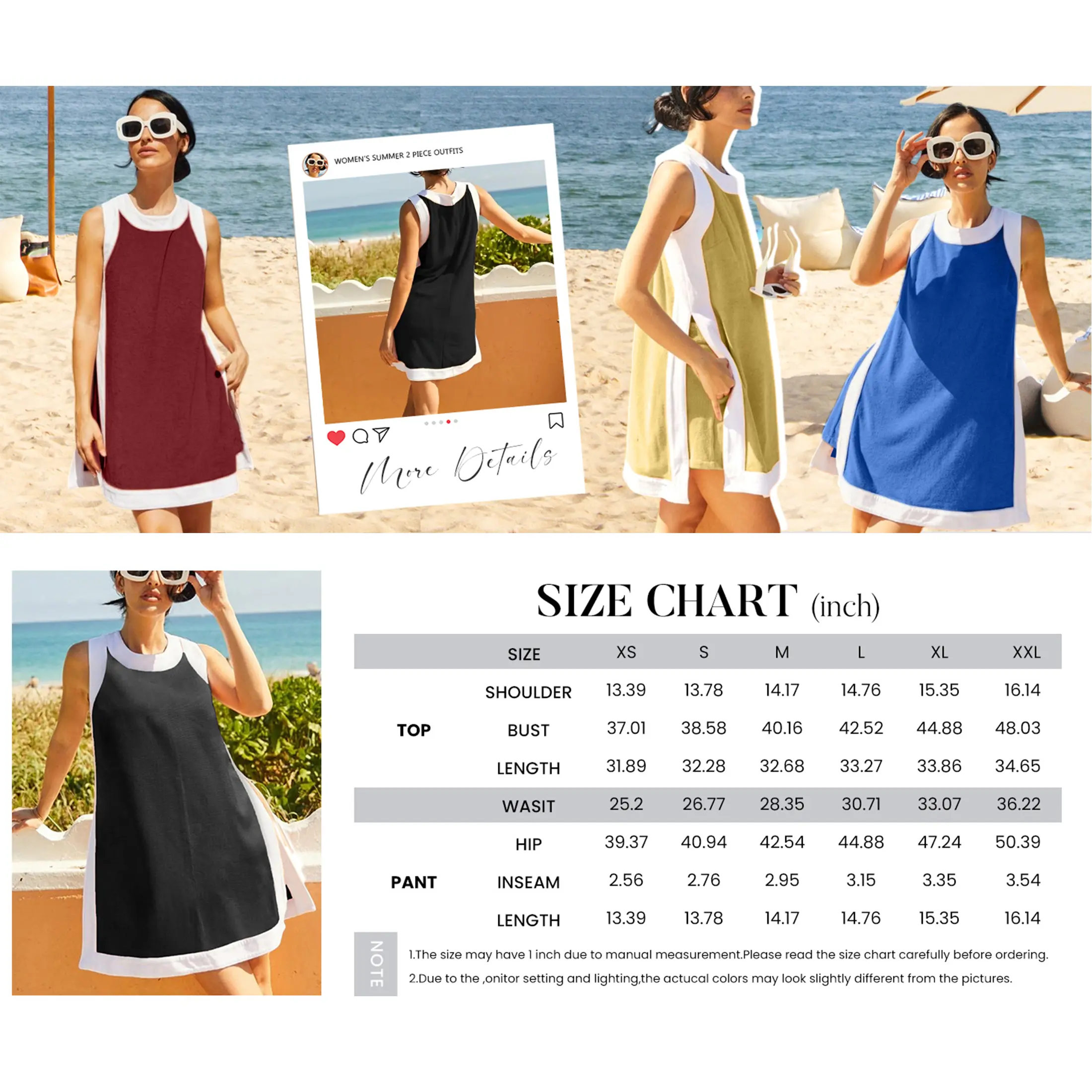 Women's Casual Two Piece Sets Color Block Crewneck Sleeveless Pullover Tops Matching Shorts With Pockets