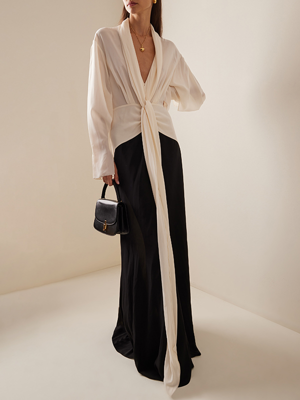 Contrast Color Long Sleeves Loose V-neck Maxi Dresses Evening Dresses