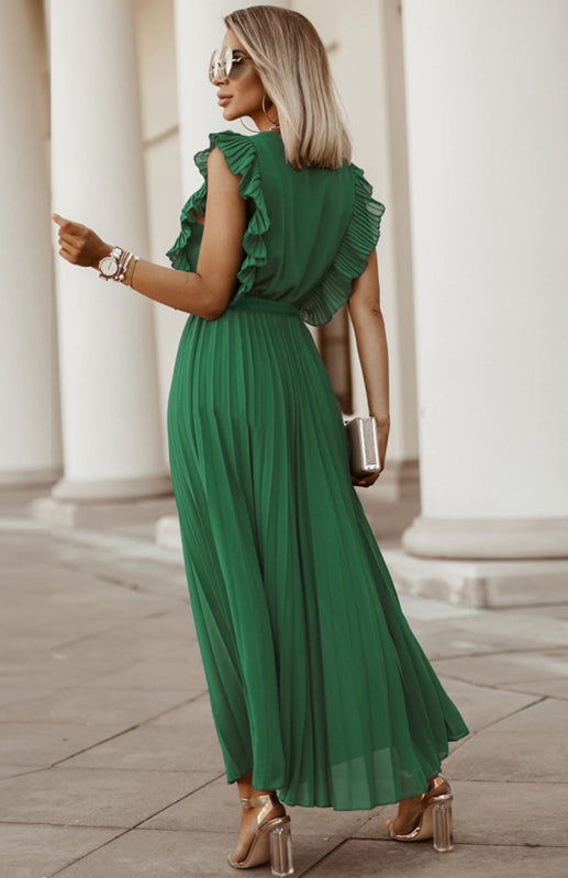 Slim Fit Lotus Leaf Sleeve Chiffon Pleated Skirt Solid Color Dress