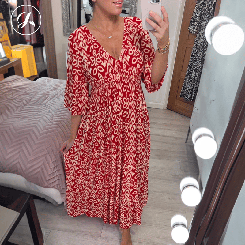 👗Bohemian casual print V-neck shirred waist long dress