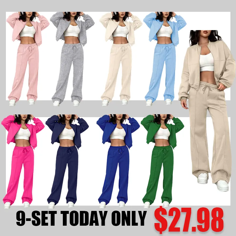 🔥Two-piece Set Women's Solid Zip Up Drop Shoulder Jacket & Pocket Elastic Waist Pants, Casual Fashion Cozy Breathable Two Piece Outfits for Daily Outdoor Wear, Ladies Clothes for All Seasons