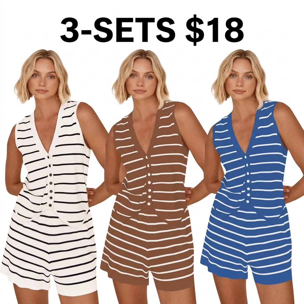 Womens 2 Piece Outfits Summer Striped Casual Lounge Sets Knit Sleeveless V Neck Tops Short Sets