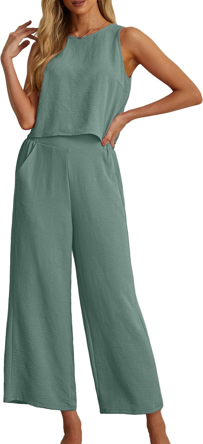 Women's Summer 2 Piece Outfits Set Round neck Sleeveless Tank Crop Top Wide Leg pants Set Pockets Jumpsuits