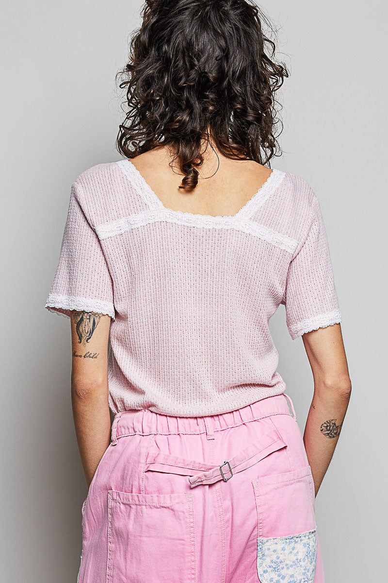 POL Lace Detail V-Neck Short Sleeve Textured T-Shirt