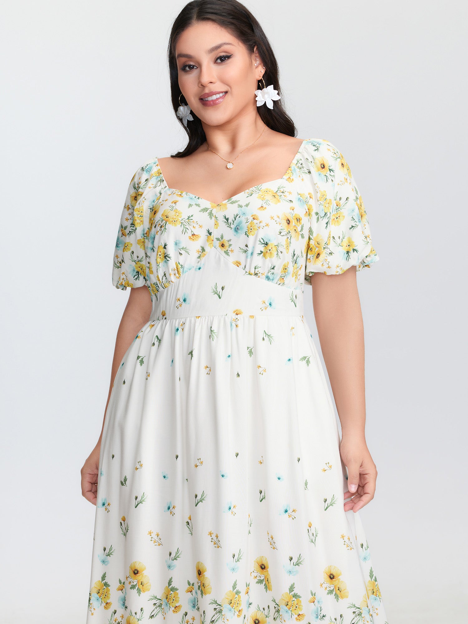 Floral Print Shirred Bodice Triangular Waist Midi Dress