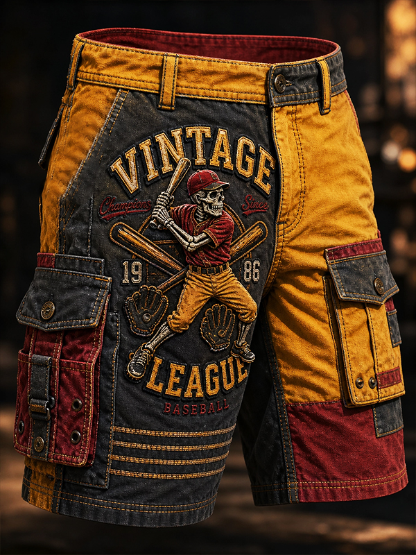 Men's Patchwork Skeleton Baseball Art Print Casual Shorts