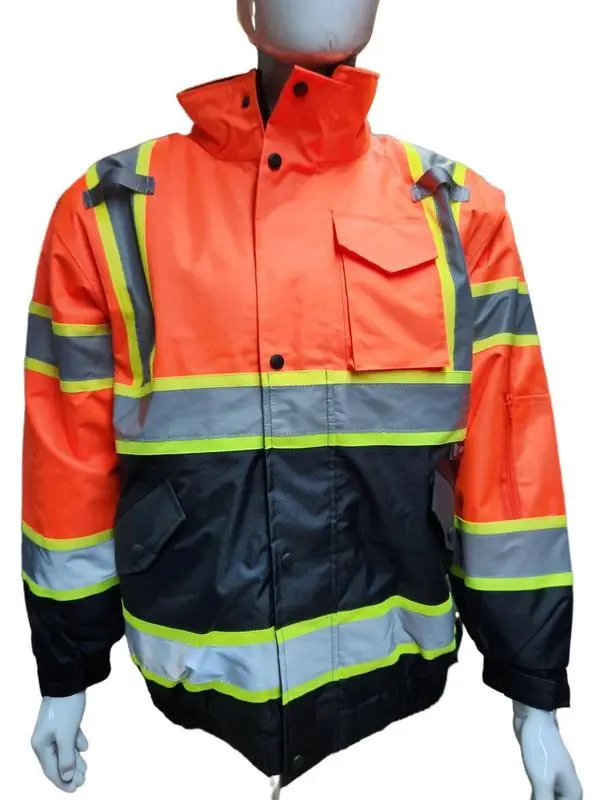 High Visibility Water Resistant Bomber Safety Jacket with Hoodie / Reflective Safety Sherpa Insulated Jacket