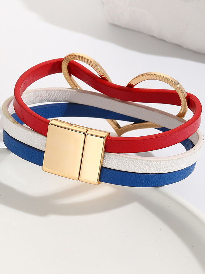 Unisex American Independence Day Flag, Red, White, Blue Color Scheme, Leather, Big Heart Magnetic Buckle Bracelet