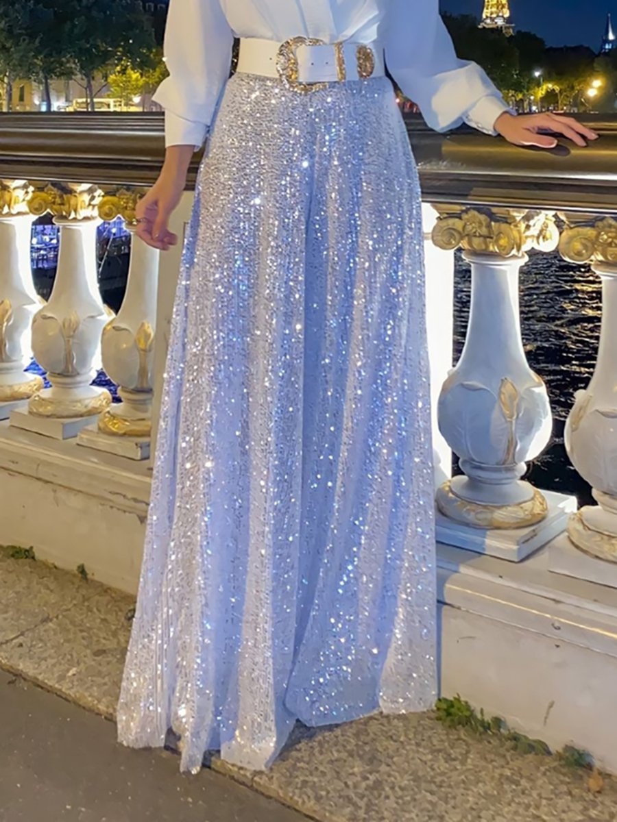 Stylish V-Neck Long Sleeve Shirt & Sequin Wide Leg Pants Set  Clearance Sale