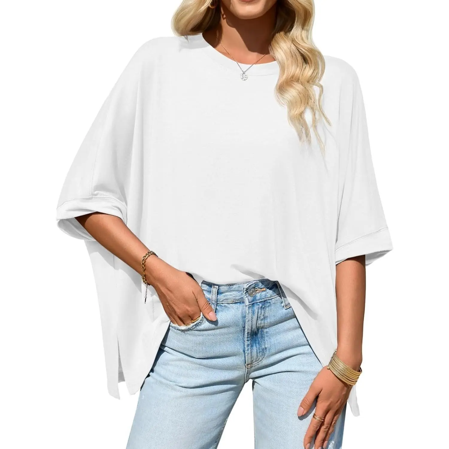 Women's Oversized Batwing Short Sleeve T-Shirt – Asymmetric Hem Loose Fit Casual Summer Tunic Tee