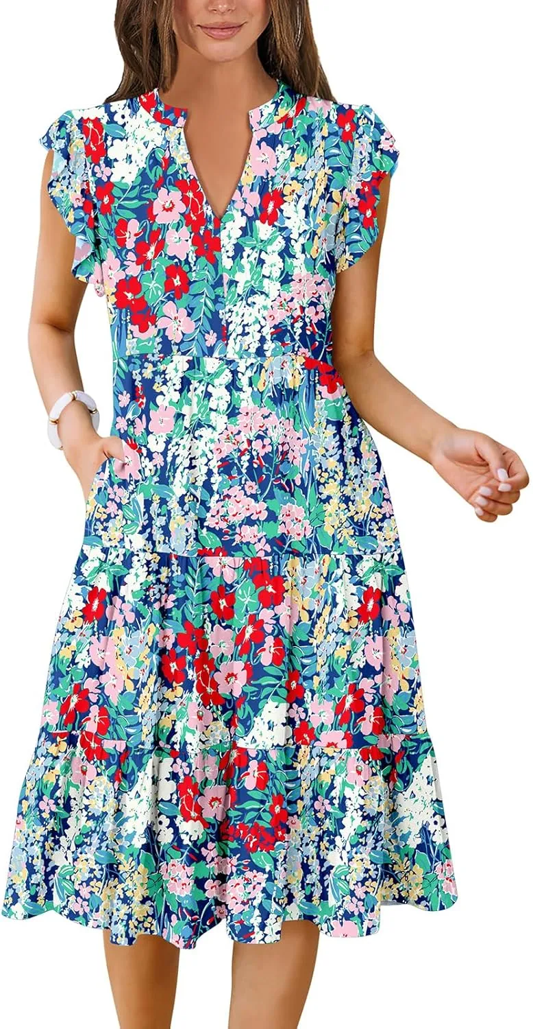 Women's Ruffle Sleeve V-Neck Tiered Midi Dress