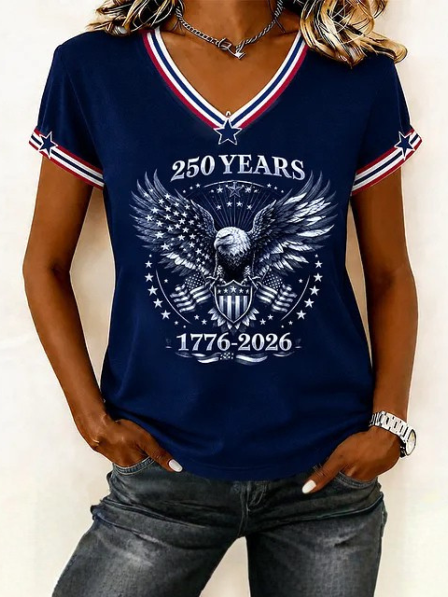 Women's America Flag Floral Print Casual V-Neck T-Shirt