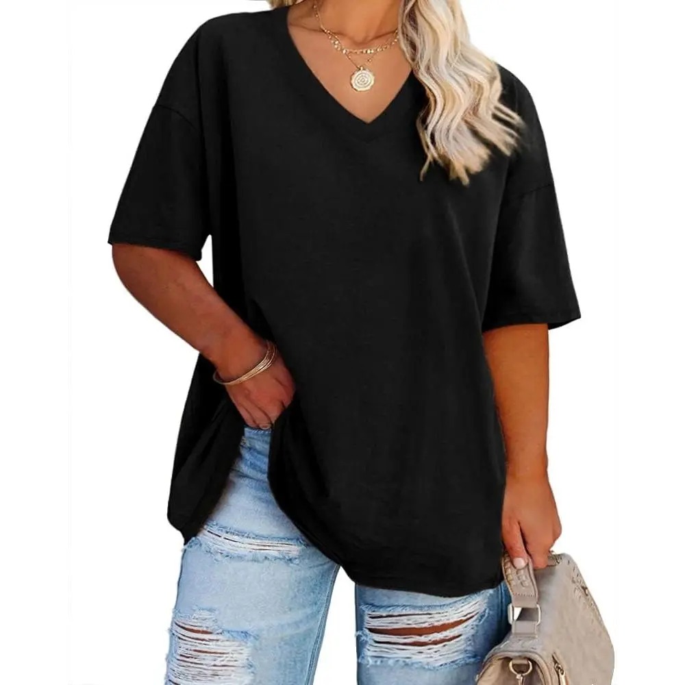 Women's V-Neck Short Sleeve Tunic Top Casual Loose Fit Soft Cotton Summer Tee