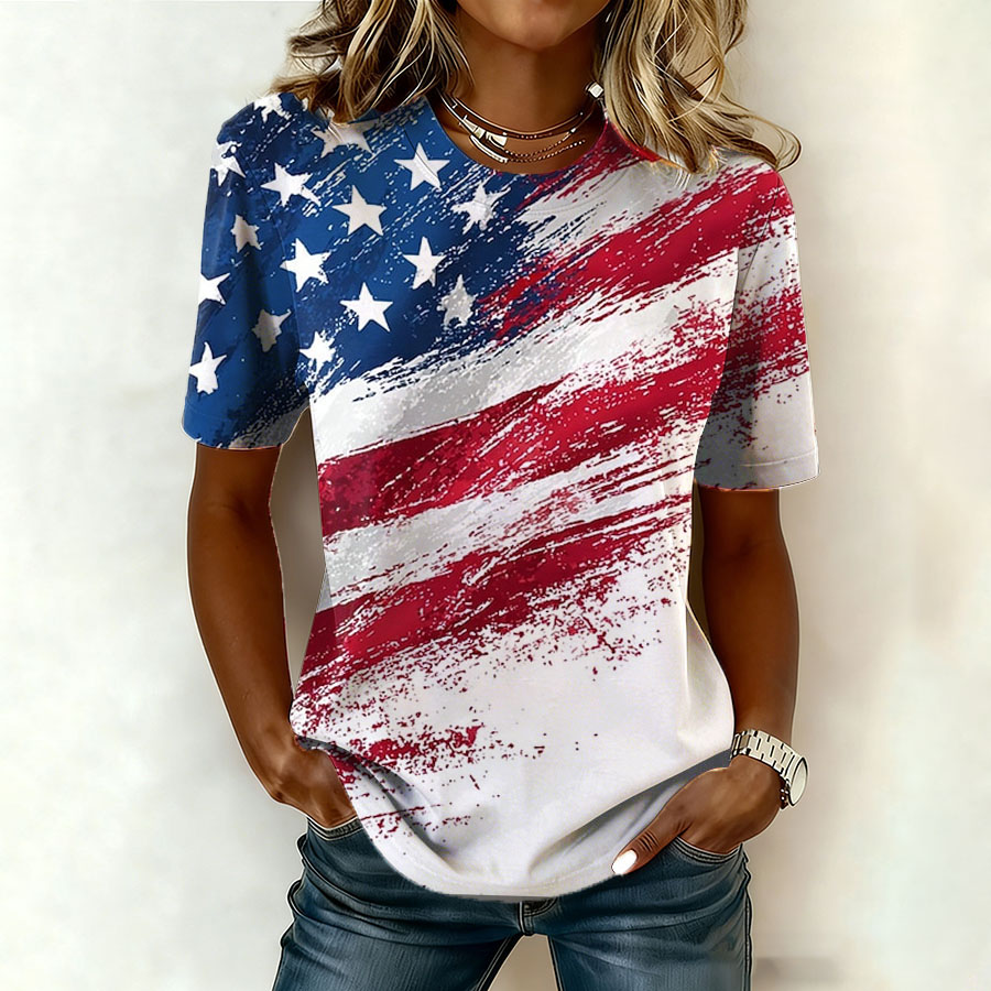 Women'S Retro American Flag Printed Casual T-Shirt