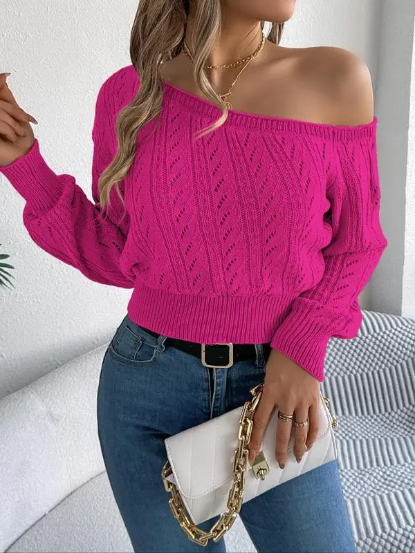 Women's Fall Asymmetrical Neck Hollow-Out Raglan Sweater