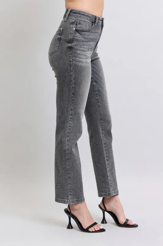 Blue Full Size High Waist Rhinestone Straight Jeans Plus Size