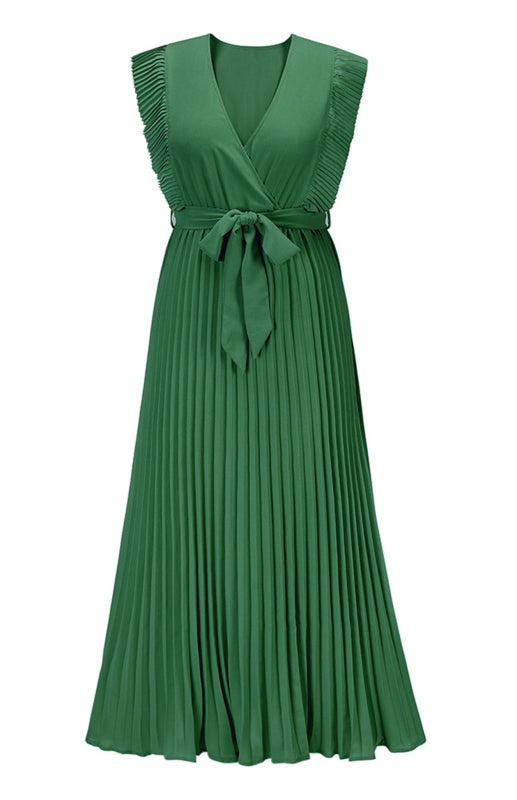 Slim Fit Lotus Leaf Sleeve Chiffon Pleated Skirt Solid Color Dress