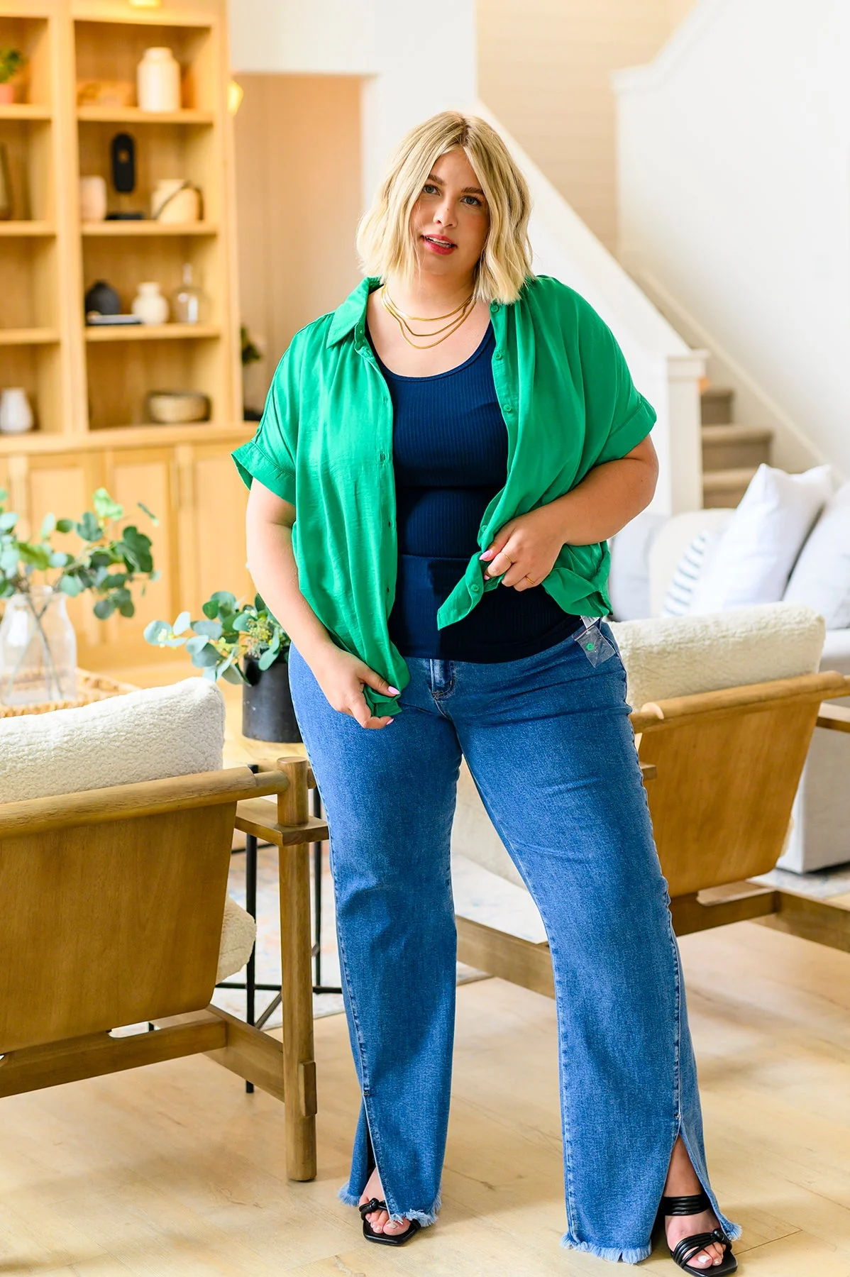 High Rise Split Hem Straight Jeans