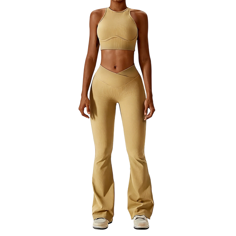 High-waisted seamless sweatpants paired with a padded elastic bra two-piece set